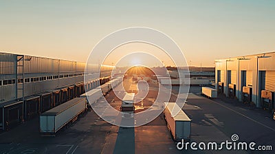 Tranquil Sunrise Over Industrial Freight Area with Trucks and Warehouses. Reflecting the Beauty of Industrial Work Stock Photo