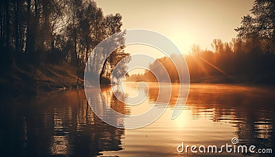 Tranquil sunrise over rural pond, yellow grass generated by AI Stock Photo