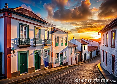 Tranquil Sunset Hues Paint the Traditional Azores Houses of Angra do Heroismo Terceira Island A Captivating Minimalist Stock Photo