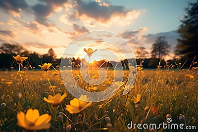 Tranquil sunset meadow with soft focus on yellow flowers Stock Photo
