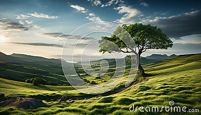 Tranquil sunset over green meadow, mountains embrace nature beauty generated by AI Stock Photo
