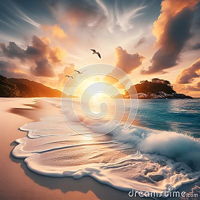 Tranquil Sunset Over Serene Tropical Beach With Gentle Waves and Soaring Seabirds Stock Photo