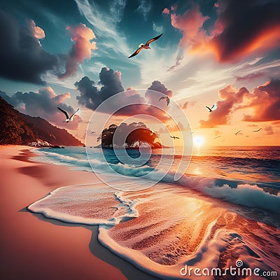 Tranquil Sunset Over Serene Tropical Beach With Gentle Waves and Soaring Seabirds Stock Photo