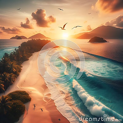 Tranquil Sunset Over Serene Tropical Beach With Gentle Waves and Soaring Seabirds Stock Photo