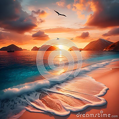 Tranquil Sunset Over Serene Tropical Beach With Gentle Waves and Soaring Seabirds Stock Photo