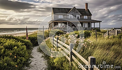 Tranquil sunset over weathered fence on idyllic coastal sand dune Stock Photo