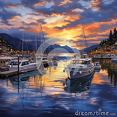 A Tranquil Tapestry: An Idyllic Marina at Dusk Stock Photo