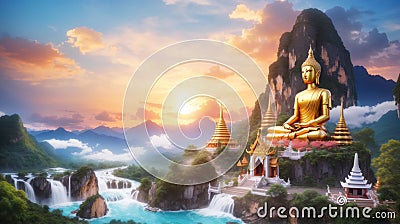 Tranquil temples, elegant pagodas, and serene Buddha statues find their abode amidst the captivating embrace of mountains and the Stock Photo