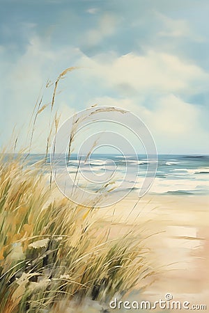 Tranquil Tides: A Serene Beachscape in Soft Brushstrokes and Blu Stock Photo