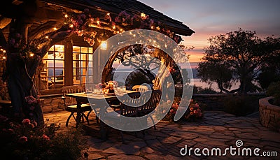 A tranquil twilight landscape wood chair, nature decoration, illuminated lantern generated by AI Stock Photo