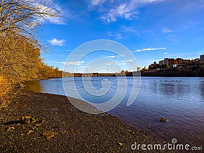 Tranquil View Of The Blue Raritan River In New Jersey Stock Photo