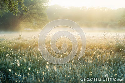 A tranquil view of an early spring meadow, mist delicately rising from the dew-drenched grass, the first light of morning casting Stock Photo