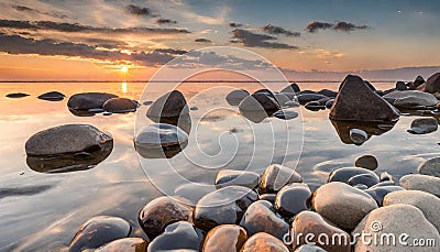 Tranquil view of sunset with stones the water. On shore of the Baltic Sea in Estonia. Stock Photo