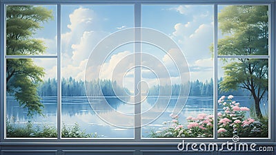 the tranquil view from a window overlooking a peaceful lakesid Stock Photo