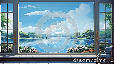the tranquil view from a window overlooking a peaceful lakesid Stock Photo