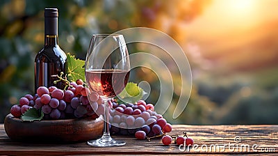 Tranquil vineyard evening with a bottle of red wine and fresh grapes. relaxing outdoor wine tasting experience. serene Stock Photo