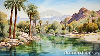 Tranquil Watercolor Desert Oasis with Towering Palm Trees AI Generated Cartoon Illustration