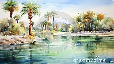Tranquil Watercolor Desert Oasis with Towering Palm Trees AI Generated Cartoon Illustration