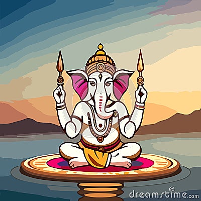 Tranquil Waters: Ganesha's Meditative Serenity Vector Illustration