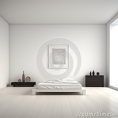 This tranquil white room features a comfortable bed flanked by nightstands, offering essential simplicity in interior design. Stock Photo