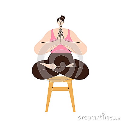 Tranquil woman on stool meditating sitting with crossed legs and folded hands in Namaste position Vector Illustration