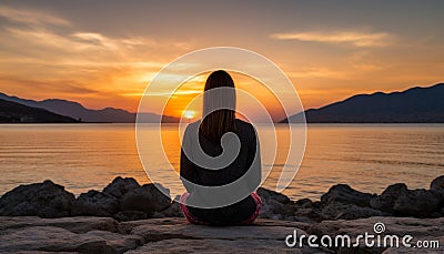 Tranquil woman engaged in serene yoga practice at seashore with breathtaking scenic backdrop Stock Photo