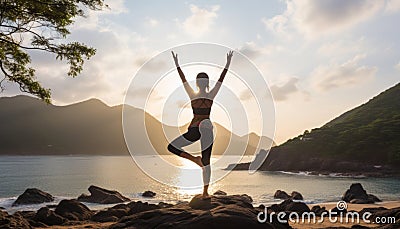 Tranquil woman engaged in serene yoga practice with spectacular ocean view at seashore Stock Photo