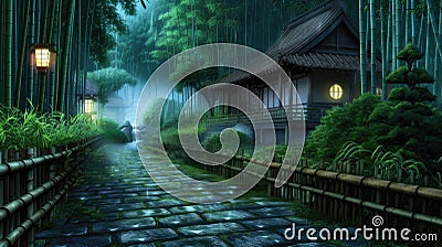 A tranquil wooden walkway lined with lanterns leads through lush greenery beside cozy cottages near a river on a rainy Stock Photo