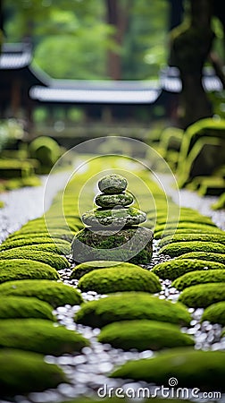 Tranquil Zen Garden: Meticulously Raked Moss and Gravel Oasis Stock Photo