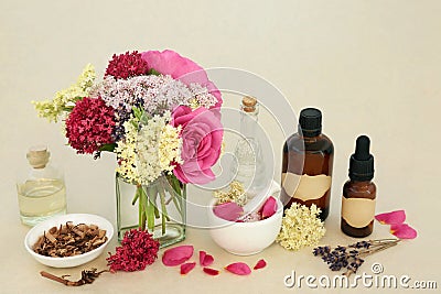 Tranquilizing Herbal Medicine with Flora and Herbs Stock Photo