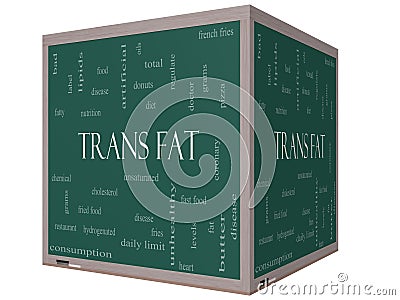 Trans Fat Word Cloud Concept on a 3D Cube Blackboard Stock Photo