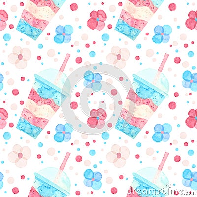 Trans pride - seamless pattern with bubble tea and flowers Stock Photo