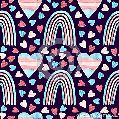 Trans pride - seamless pattern with hearts and rainbows. Stock Photo