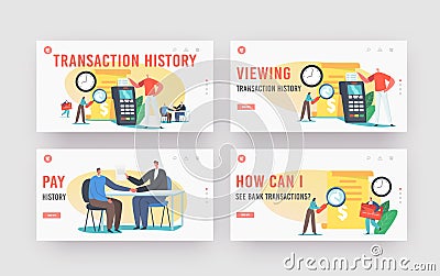 Transaction History Landing Page Template Set. Tiny Characters Read Bill at Huge Card Reader Machine or Pos Terminal Vector Illustration