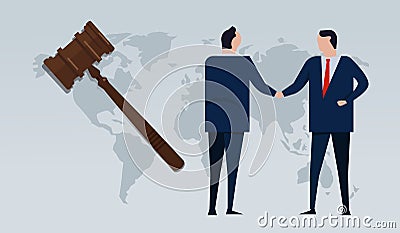 transactional law partnership agreement businessman handshake with hammer and map Vector Illustration