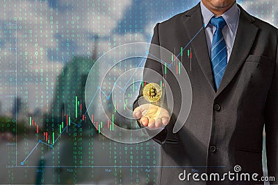 Transactions on the Internet by trading through bitcoin currency blockchain technology through financial data through secure Stock Photo