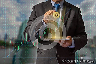 Transactions on the Internet by trading through bitcoin currency blockchain technology through financial data through secure Stock Photo