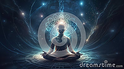 Transcendent Illumination: Man Meditating amidst Cosmic Luminescence Stock Photo