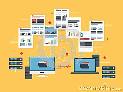 Transfer data between computer and laptop. Backup data and computer network. Vector Illustration