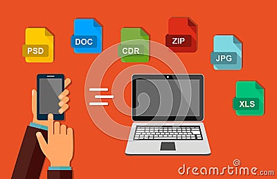 Transfer of data. File format. The hand with the phone. Send documents from your smartphone to the laptop. Vector Vector Illustration