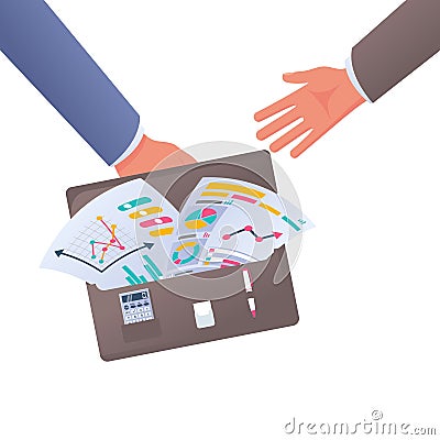 Transfer deal. Businessman holding a briefcase in hand with documents Vector Illustration