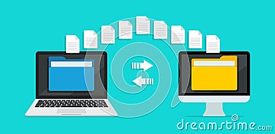 Transfer file of data between laptop and computer. Transmission of document. Backup of information on pc system. Exchange of file Vector Illustration