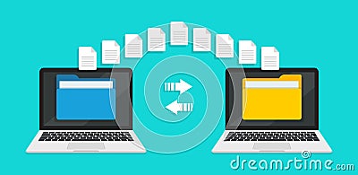 Transfer file of data between laptop. Transmission of document between computer. Backup of information on pc system. Exchange of Vector Illustration