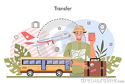 Transfer service concept. Tourists transportation from airport to a hotel. Cartoon Illustration