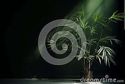 Modern minimal blank dark green wall with bamboo palm tree with copy space for design, AI generated Stock Photo