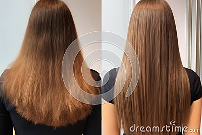 The Transformation Of Hair Before And After Keratin Treatment On Damaged, Short, And Healthy Hair Stock Photo