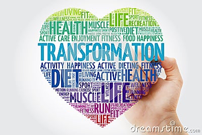 TRANSFORMATION heart word cloud with marker, fitness, sport, health concept Stock Photo