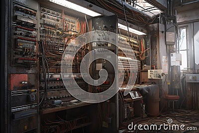 transformer control panel electrical room electricity electric old industrial system. Generative AI. Stock Photo