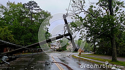 transformer on a pole and a tree laying across power lines over a road after Hurricane moved across Stock Photo