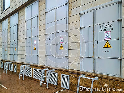 Transformer substations in a public building for electricity distribution. Editorial Stock Photo
